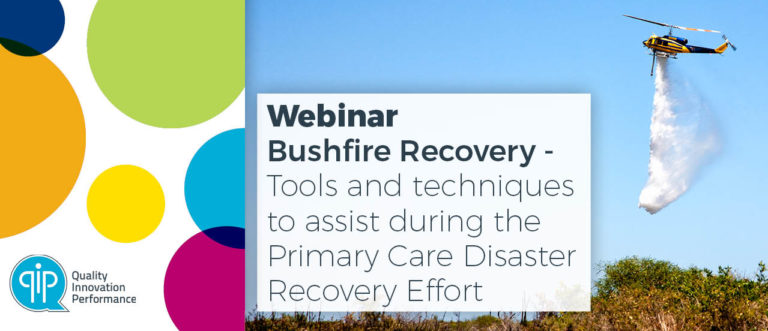 Fire Recovery Webinar Banners_QIP Website Picture of helicopter water bombing fire with heading - webinar bushfire recovery tools and techniques to assist during the primary care disaster recovery effort
