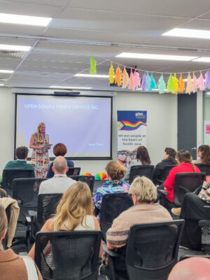 Susan Lingard, welcoming staff to the 2025 Pride Month lunch and learn